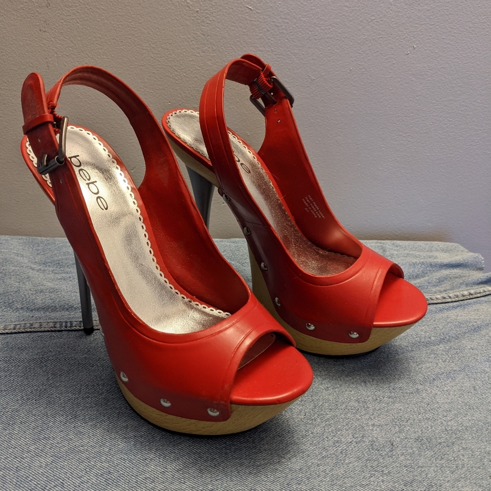 Bebe red peep toe sling back heels
